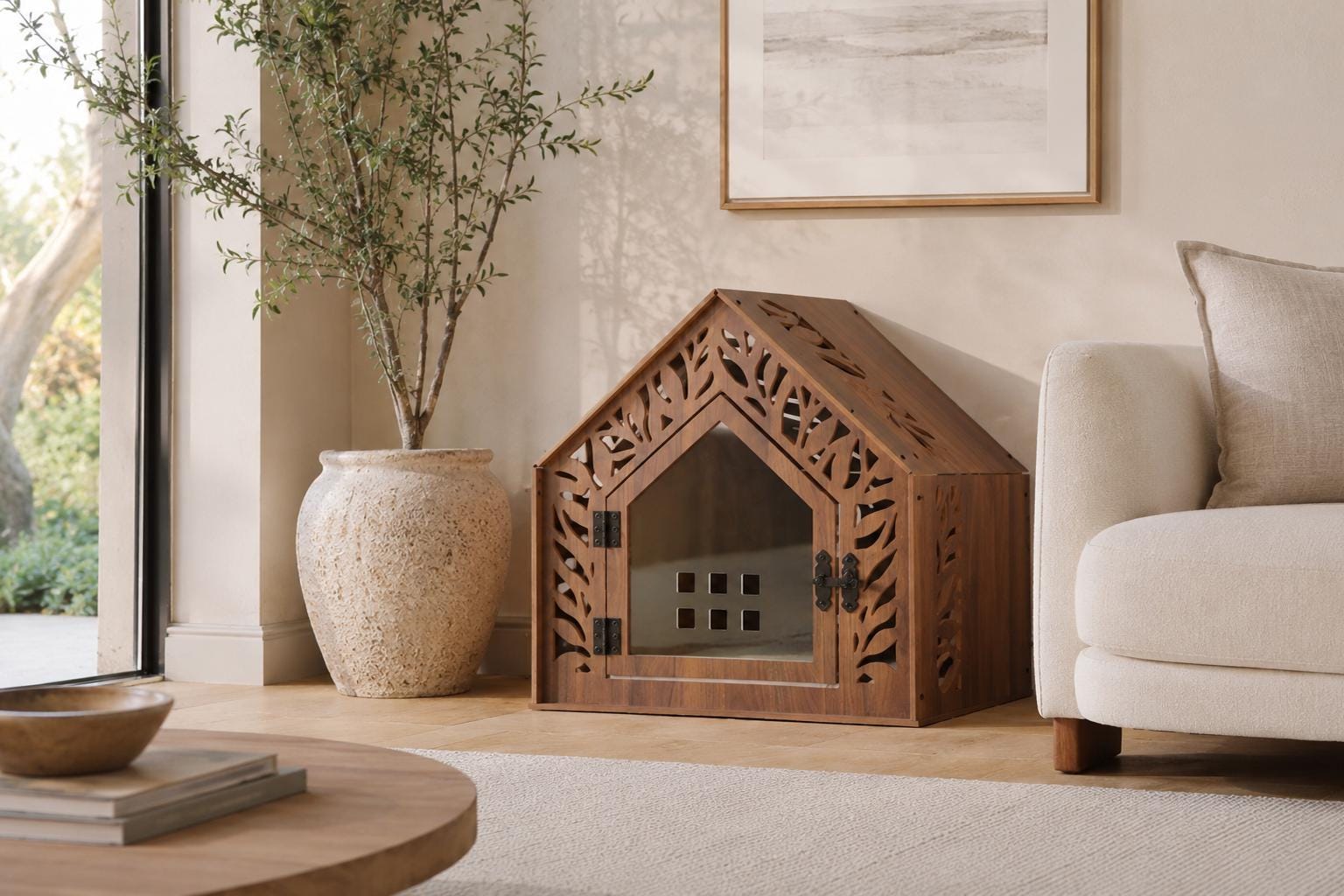 Leaf Walnut Dog House - walnut indoor dog crate furniture, front view